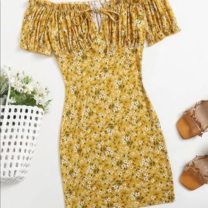 SHEIN floral off the shoulder ruched bust dress!